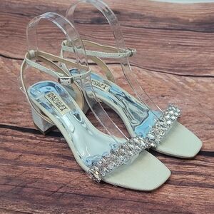 Badgley Mischka Crystal-Embellished Ivory Low Block Heel Sandal